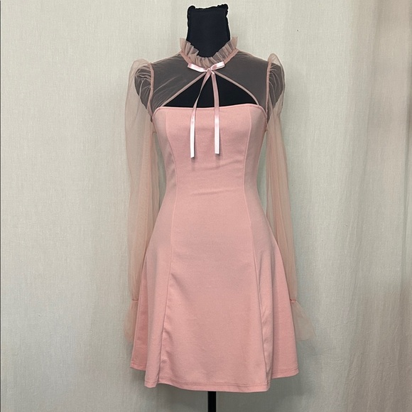 SHEIN Romantic Pink Puff Sleeve Dress – Sheer Detail & Ruffle Neckline size XS - Picture 1 of 6